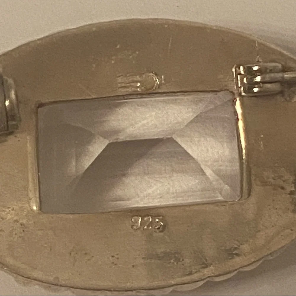 BROOCH VINTAGE STERLING SILVER 925 OVAL LARGE FACETED RECTANGLE CRYSTAL JEWELRY